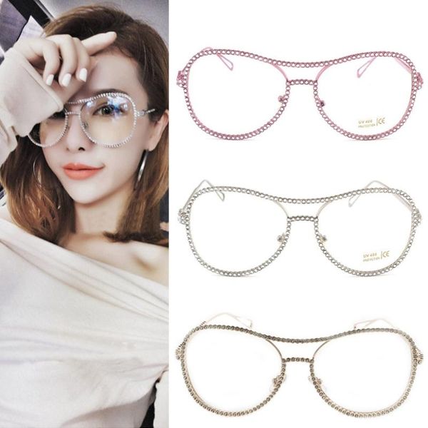 

oversized metal frame clear lens rhinestone eye glasses nerd spectacles women vintage sun glasses mirror oculos gafas de sol, White;black