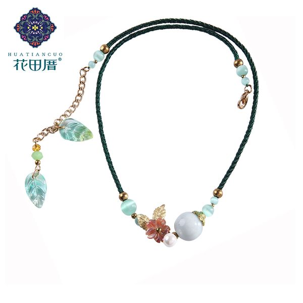 

ethnic handmade chokers necklace shell flower gradient colored glass leaves rope e merald green bead female accessories dl-18058, Golden;silver