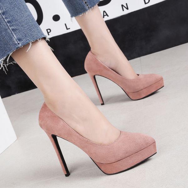 

pointy high heels suede nightclub waterproof platform women's single shoes thin heel shallow mouth thin women's shoes, Black