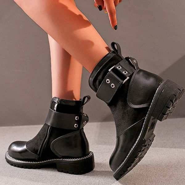 

ankle boots for women luxury match winter med belt buckle platforms cool punk rivets boots motorcycle biker waterproof, Black