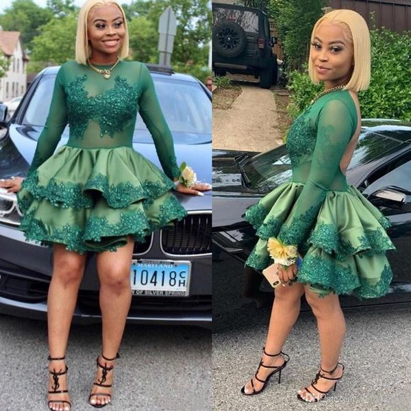 

dark green cocktail party dresses black girls sheer neck long sleeve tiered appliqued mini short party prom dress homecoming dress vestidos, Blue;pink