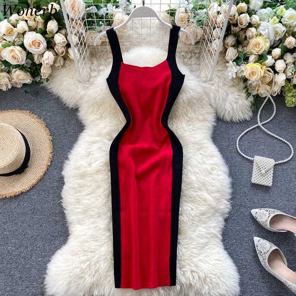 

woherb sleeveless dress knitted spring summer 2020 contrast side striped vestidos v neck fashion stretch tank midi dresses, Black;gray
