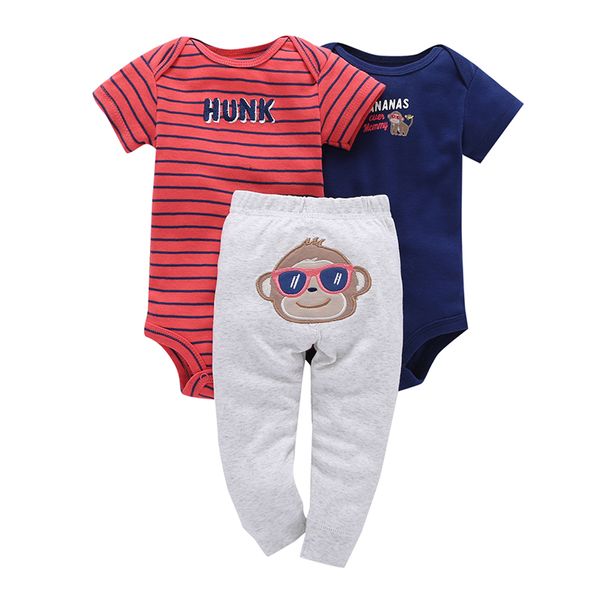 

набор новорожденных baby boy girl одежда летняя одежда мультфильм с коротким рукавом ползунки + полосатый с длинным рукавом + pant боди млад, White