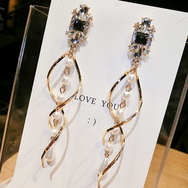 

2019 new crystal pearl tassel earrings female long paragraph geometric pendant earrings wedding fashion jewelry jewelry gifts, Silver