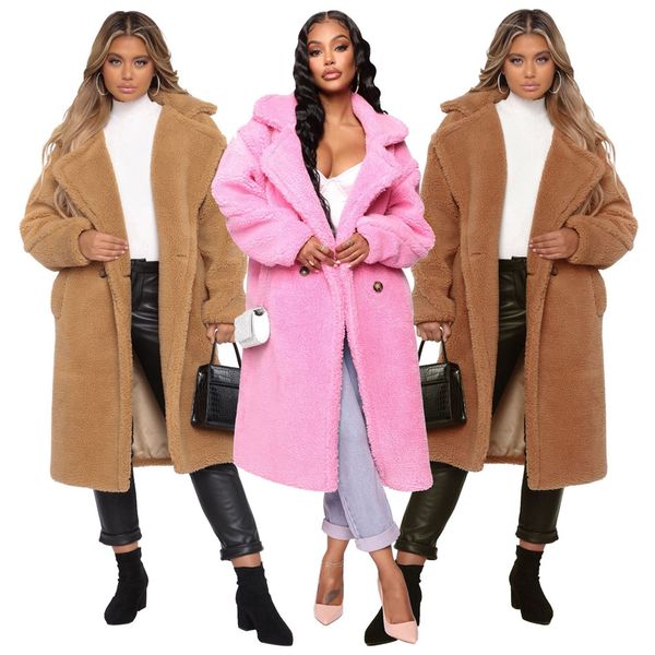 

winter fleece single button long coat women notched long sleeve solid pink warm jacket streetwear plus size thicken cardigan nz19.11-372, Tan;black