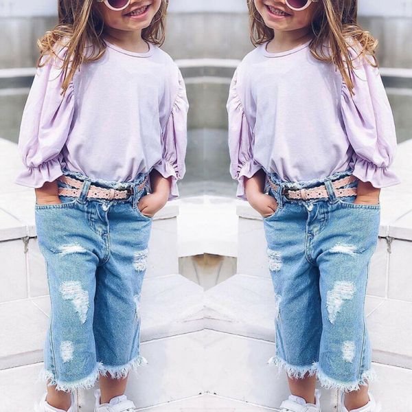 

cute baby girls kid рубашка с длинным рукавом + отверстие джинсы джинсовые брюки наряды осенняя одежда, White