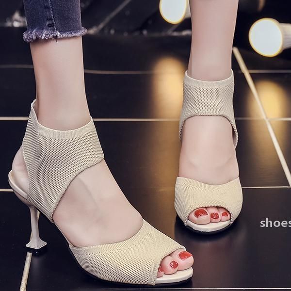 

spring 2020 new flying woven stretch cloth net red sandals fish mouth shoes wild fine heeled sandals wholesale stiletto solid color set foot, Black