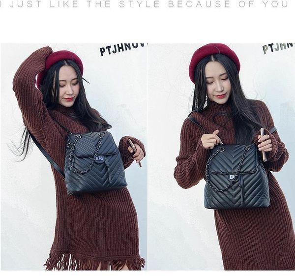 

2018 new lingge v chain pure color casual women's black backpack