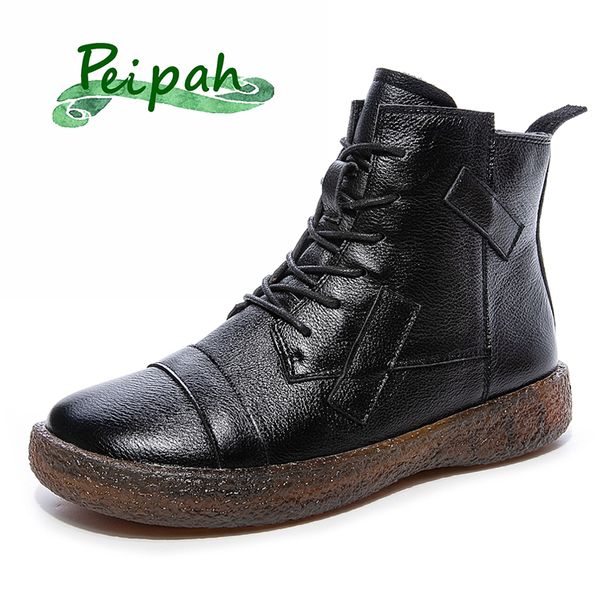 

peipah women's genuine leather shoes woman ankle boots female retro flat with zip women's shoes autumn winter bootee woman 2019, Black