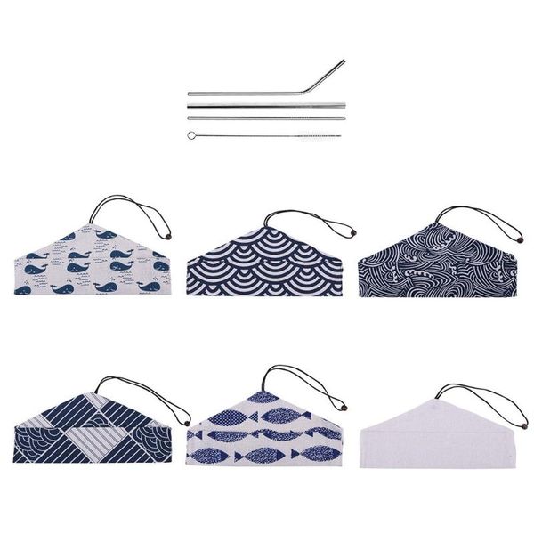 

5pcs reusable metal drinking straws stainless steel straws with storage bag straight bent cleaning brush set