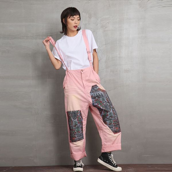 

march produced new style retro large size suspender pants women's ethnic-style applique printed camisole loose pants harem, Black