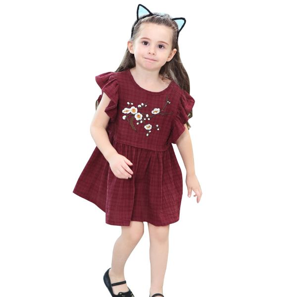 

toddler girls baby girls ruffles embroidered casual cotton dress summer loose floral printed plaid dress, Red;yellow