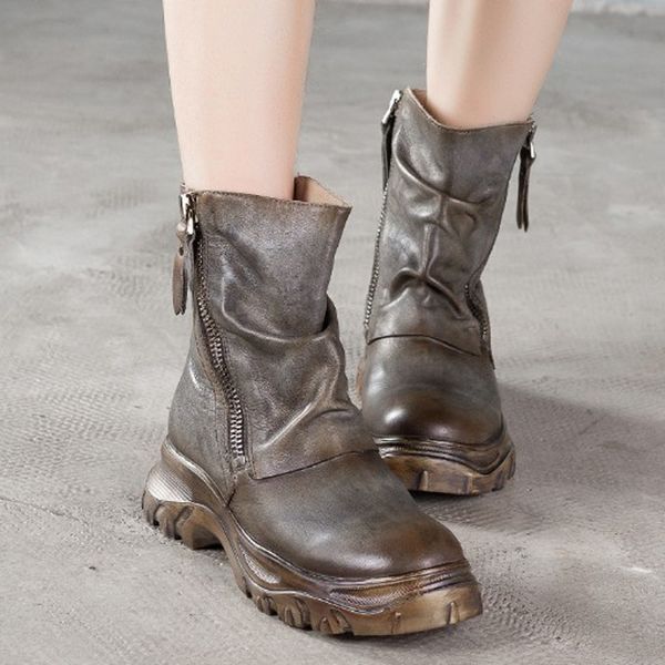

retro style cow full grain natural leather ankle boots shoes women footwear brown round toes riding shoes for women winter 19, Black