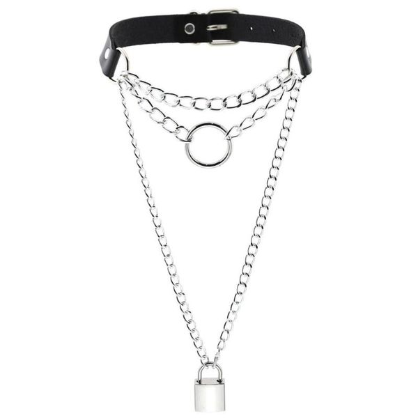 

gothic lock round chain necklace choker collar goth padlock pendant necklace women black leather emo kawaii witch rave jewelry, Silver