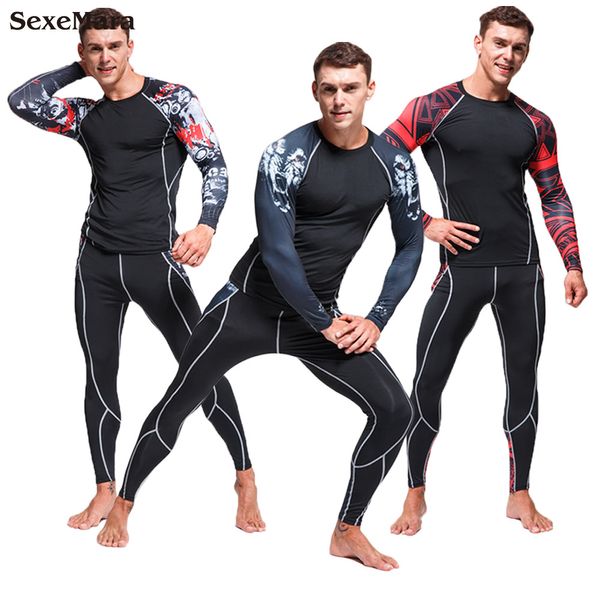 

men's running sport compression suits jogging tracksuit sets rashgard male gym fitness crossfit sportswear sports suit leggings, Black;blue