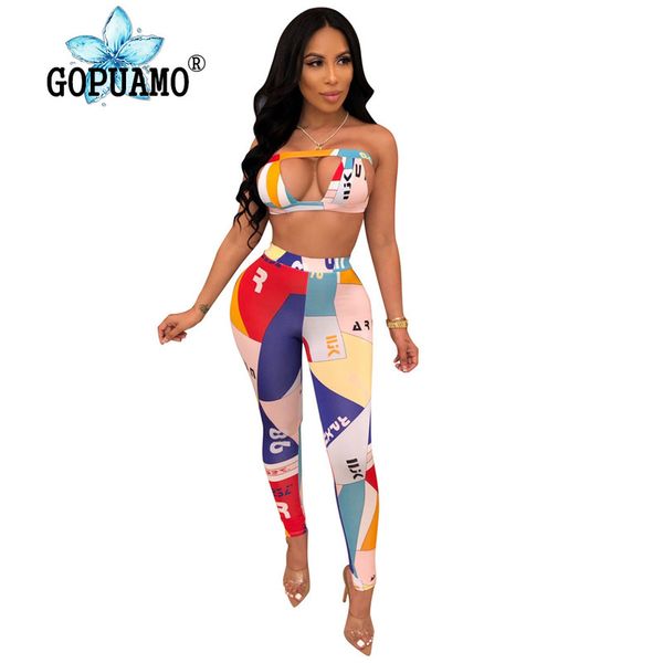 

geometric print 2 piece tracksuit summer clothes for women front cut out backless crop skinny pencil pant matching set, White