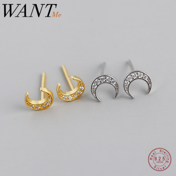 

wantme fashion korean genuine 100% 925 sterling silver white zircon moon small stud earrings for women mini fine party jewelry, Golden;silver