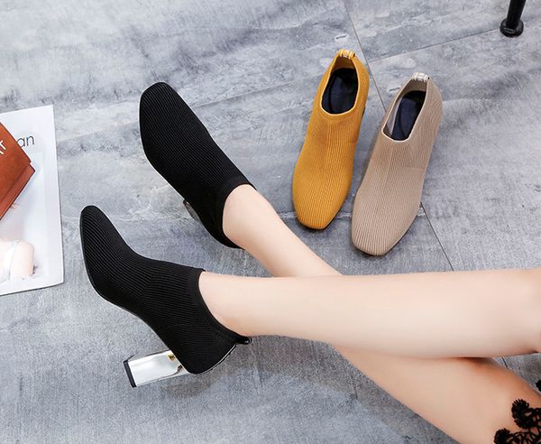 

women shoes dress shoes stretch socks women 2019 new autumn korean version of the wild flying weave breathable single shoes thick heel, Black