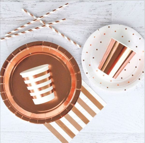 

44pcs rose gold series gilding paper straws/cup/plate/ disposable tableware party supplies wedding/birthday/ pool party decorate