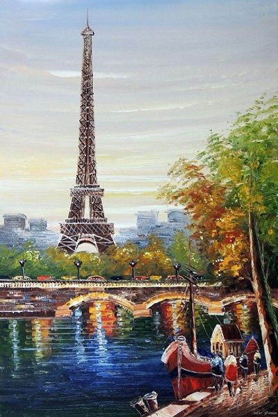 

eiffel tower paris river seine boats handpainted &hd print world famous art oil painting on canvas home decor multi sizes