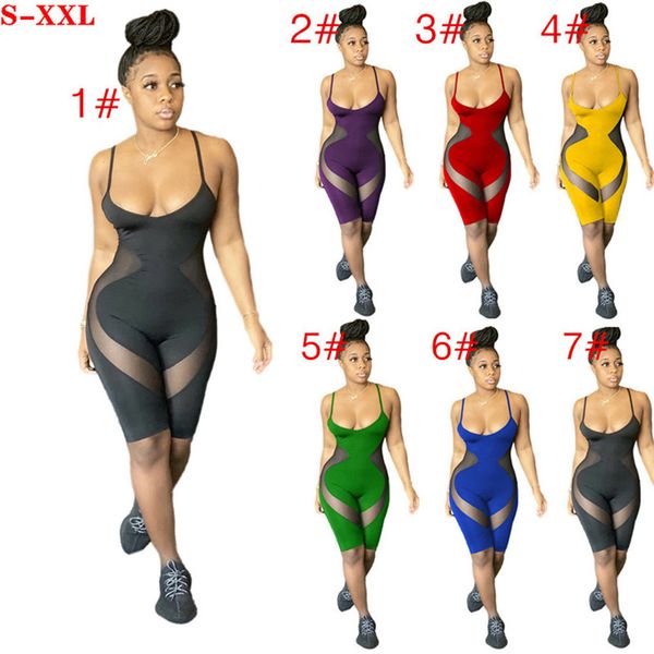 

women summer sleeveless suspender pants mesh designer jumpsuits rompers low neck one piece shorts leggings casual bodysuits 2020 d52213ly, White