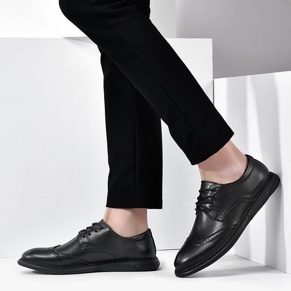 

large size 38-47 genuine cow leather oxford formal shoes men brogue business office formal shoes breath lace up, Black