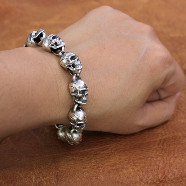 

linsion 925 sterling silver details skulls chain mens biker rock punk bracelet ta175, Black