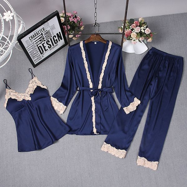 

satin pajamas for women elegant 3pieces sleepwear female lace at all seasons silk pajamas set coat+vest+pants 2019 pijama, Blue;gray