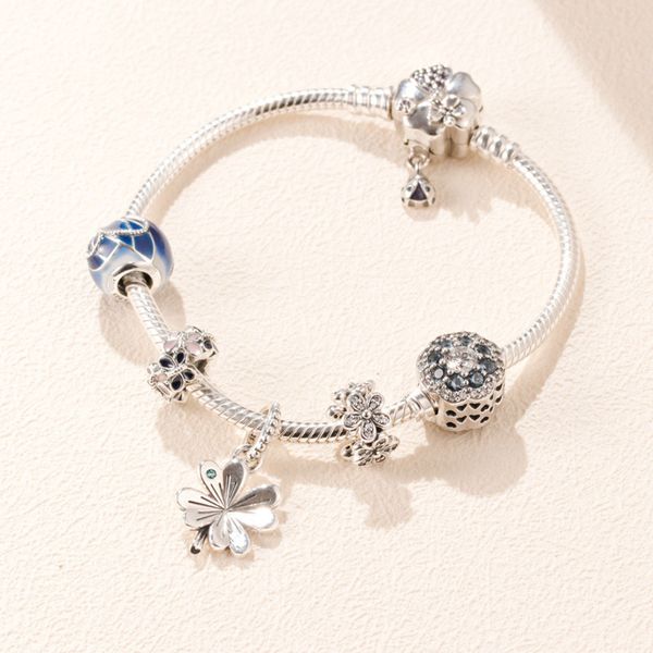 

original 925 sterling silver bead charm lucky four-leaf clover set beads women pan bracelet bangle diy jewelry, Golden;silver