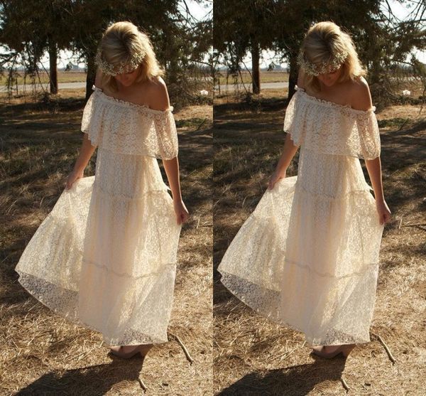 

plus size boho country style a line wedding dresses off shoulder full lace floor length backless weddign dress bridal gowns, White