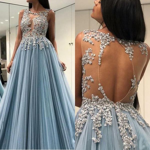 

2020 illusion a line sleeveless prom dresses jewel neck tulle floor length formal evening gowns abendkleider with appliques, Black