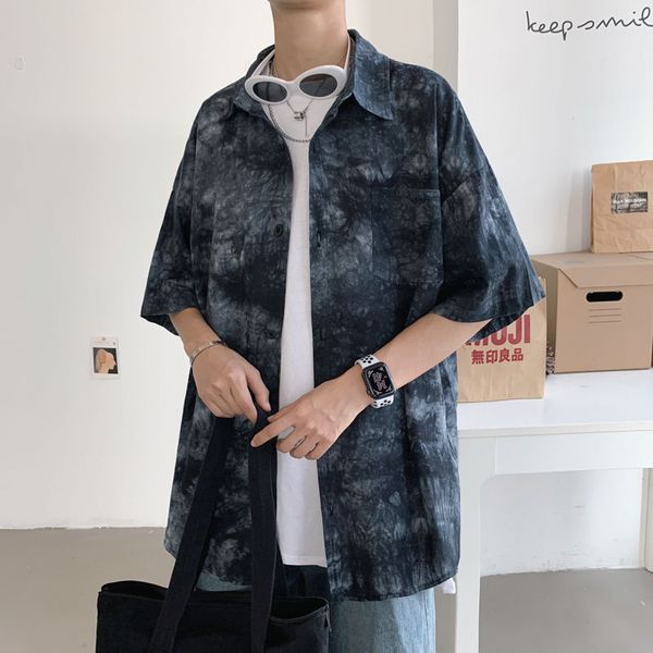 

summer tie-dye shirt men's fashion casual shirt mens loose short-sleeved men streetwear wild hawaiian -2xl, White;black