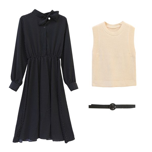 

new cute fashion women dress polka dot knitting o-neck in design wind long short waistcoat dresses light green 6272, Black;gray