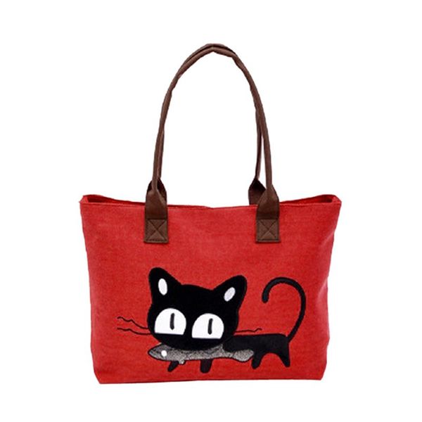 

new fashion woman shoulder bag canvas cute cat bag office lunch (red