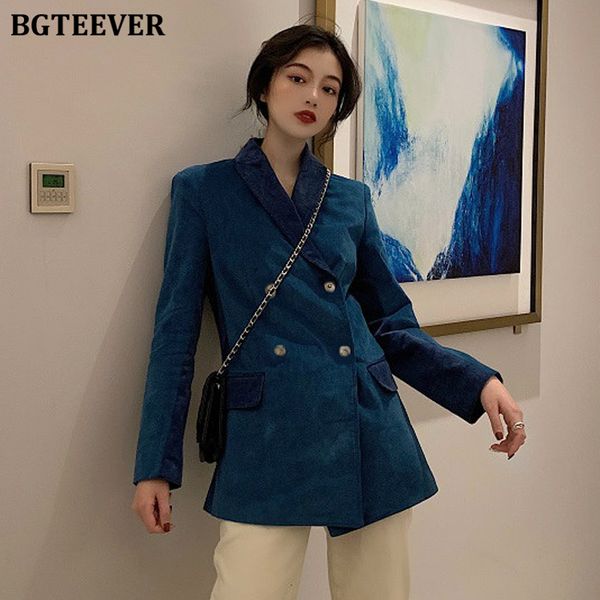 

bgteever vintage fashion female corduroy suit jackets winter long sleeve notched collar double-breasted patchwork women blazers, White;black