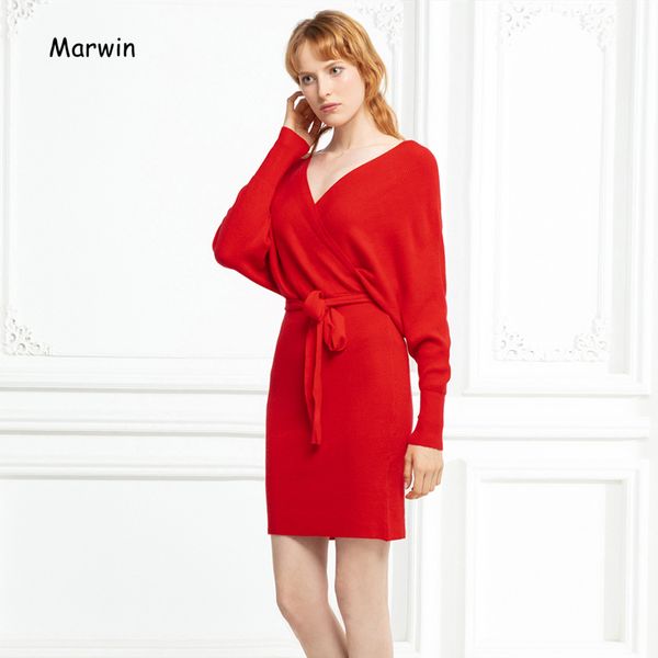 

marwin 2019 new-coming autumn winter solid batwing sleeve belt high street style v-neck lace-up women pullovers female sweaters, White;black