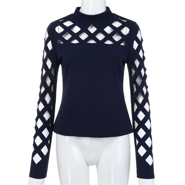 

fashion women long sleeve o-neck shirt lady hollow out square cutout shoulder blouse spring autumn fitted tee blouse#xs, White