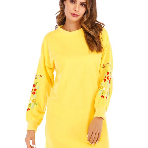 

women's embroidered flowers long-sleeved round neck loose sweater jumper dress, White;black