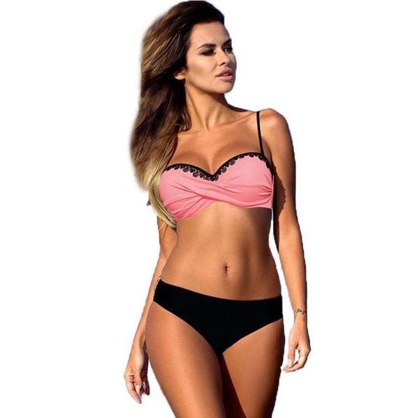 

new solid bikini new patchwork swimsuit women lace bandeau swimwear female bikini set summer bathing suits kawaii, White;black