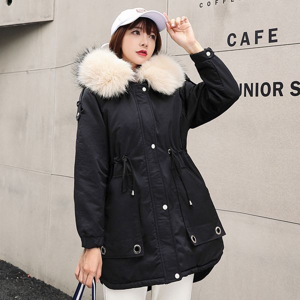 

winter parkas 2020 warm winter parkas coats hooded fur collar thick long cotton jackets coat -30 degree snow jacket female, Black