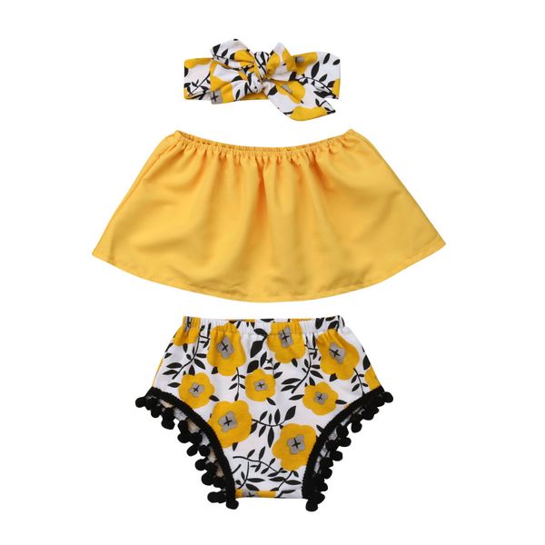 

0-18M Newly Summer Infant Baby Girls 3PCS Sets Sleeveless Yellow Vest Tops+Floral Pants+Headband Clothes Sets