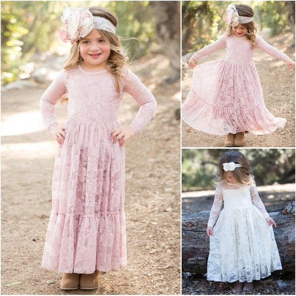 

2019 latest princess long sleeve pink lace designer kids dresses jewel neck bow sash full length kids party gowns, White;blue