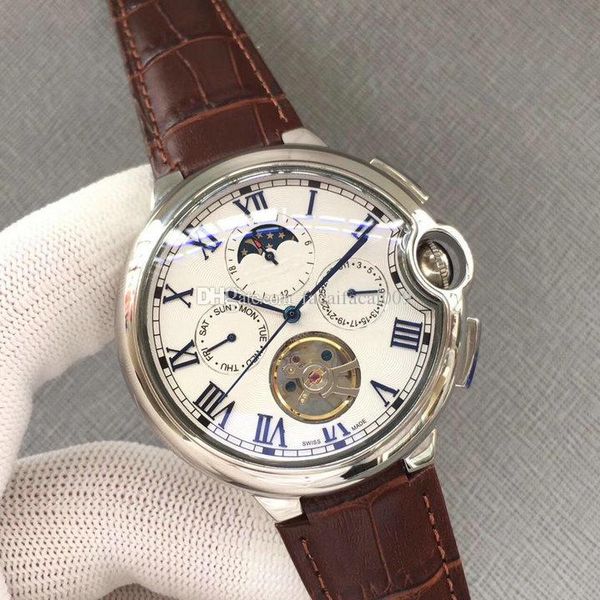 

2019 Luxury WATCHES CAR BALLON golden Moon phase Chronograph dial machinery Genuine leather strap Mens brand watch Gent Wristwatch