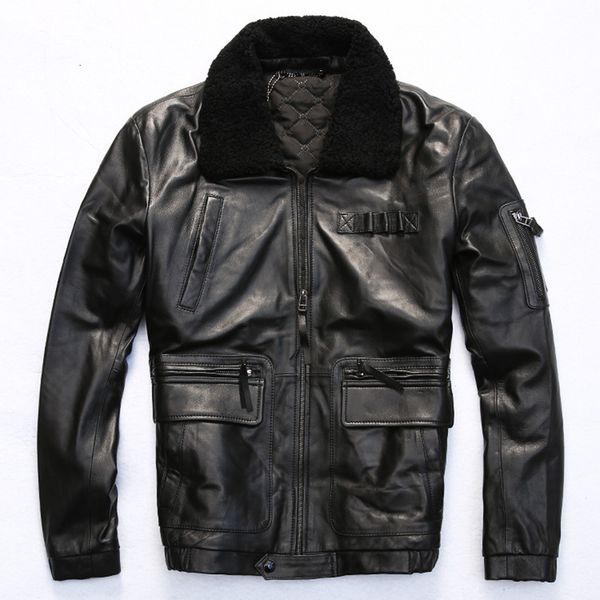 

winter men's coat fur collar sheepskin coats cotton liner casual flight jacket black real genuine leather jacket men