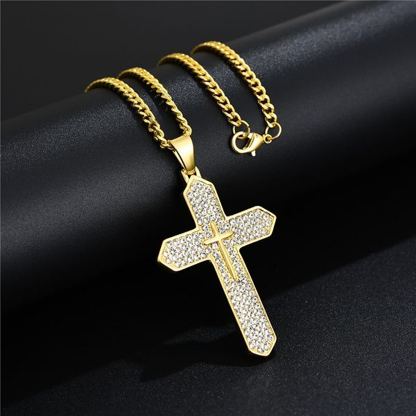 

unique fashion men hip hop jewelry cross pendant necklace fashion full rhinestone design 60cm long link chains punk necklaces for men gift, Silver