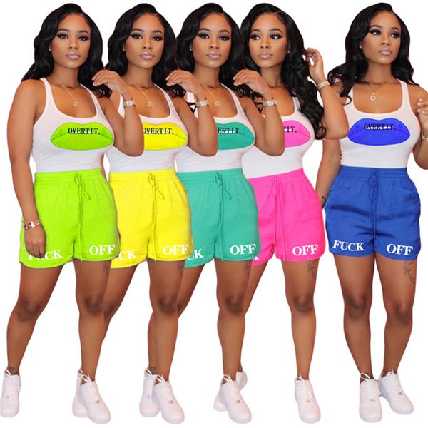 

women summer sweat suit casual two piece set seleeveless tee shirt+mini shorts letter print sports outfits candy clolor jogger suit 2898, White