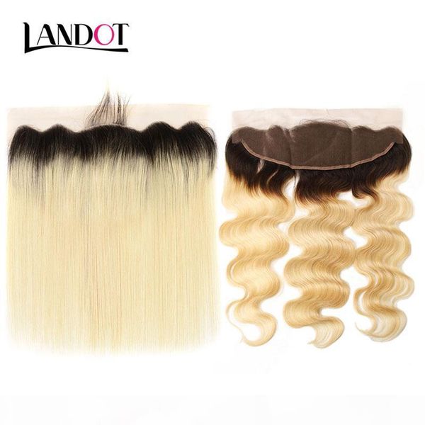 

ombre 1b 613# bleach blonde brazilian virgin human hair lace frontal closure 13x4 size peruvian malaysian indian body wave straight closures, Black;brown