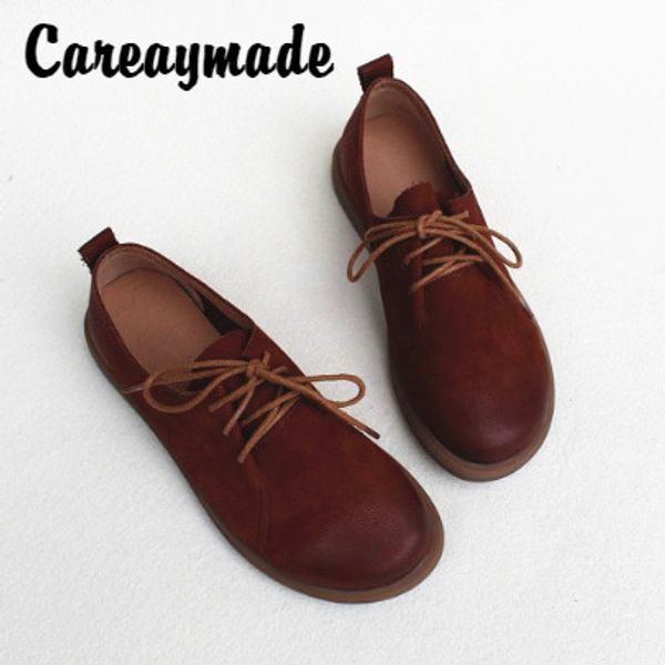 

careaymade-layer cow leather original light retro round head flat thick sole board shoes,women's breathable single shoes, Black