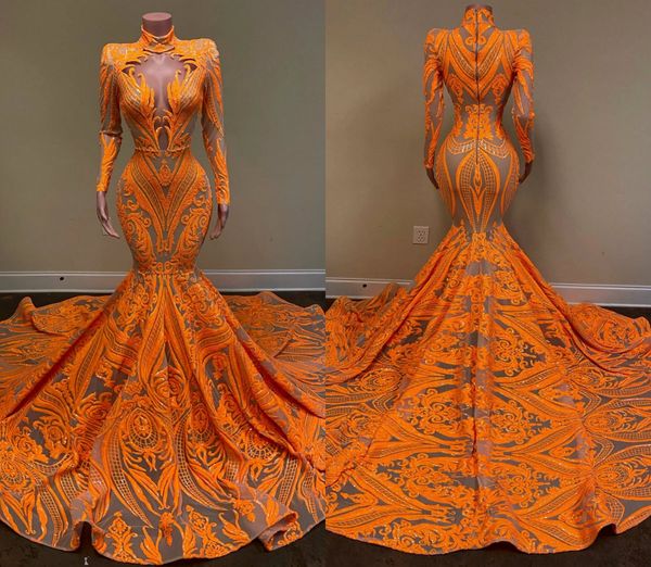 

2020 orange evening dresses luxury appliqued sequined high neck sweep train mermaid prom dress real image formal gowns party wear, Black