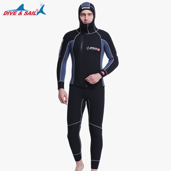 

swim wear dive&sail 2 piece 5mm scr neoprene men's wetsuit hooded diving suit zipper split double professional thicken warm
